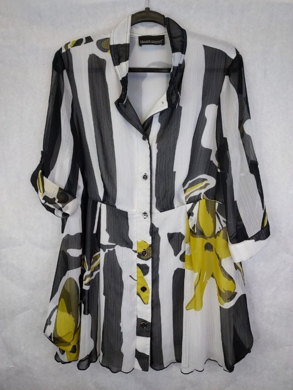 FRANK LYMAN Sheer Tunic Blouse Women's L Floral Black Roll Tab Sleeves Lined